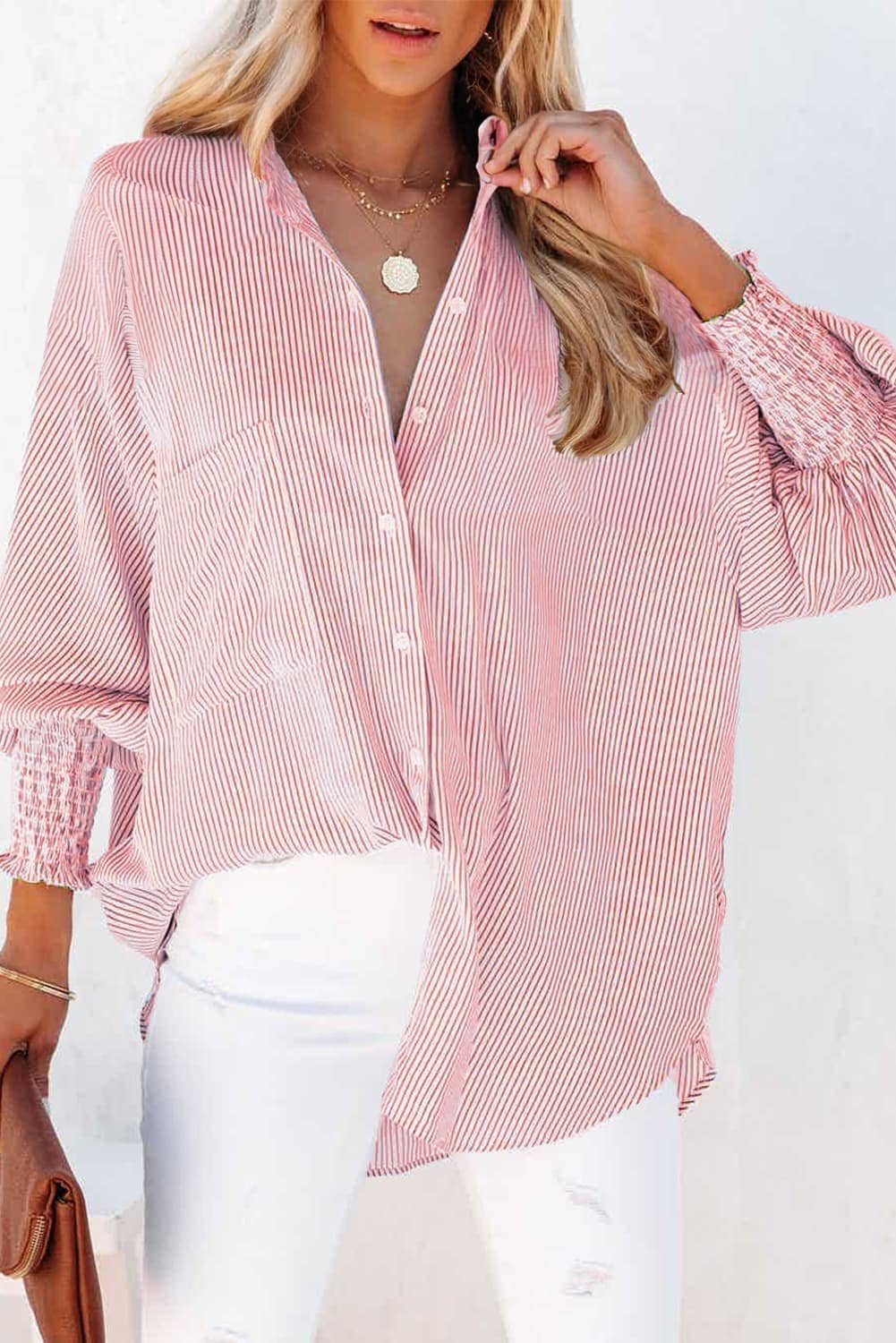 Red Stripe Smocked Cuffed Striped Boyfriend Shirt With Pocket