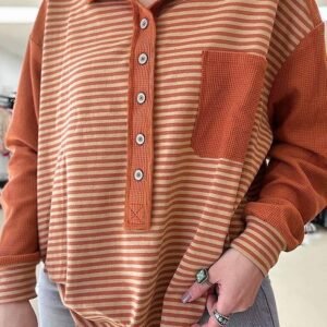 Red Stripe Textured Patched Drop Shoulder Buttoned Plus Size Sweatshirt