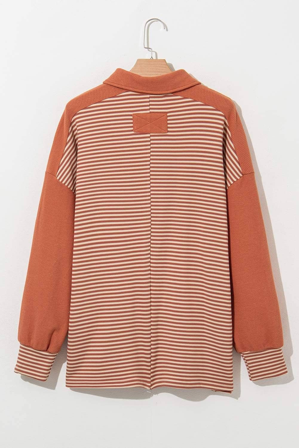Red Stripe Textured Patched Drop Shoulder Buttoned Plus Size Sweatshirt