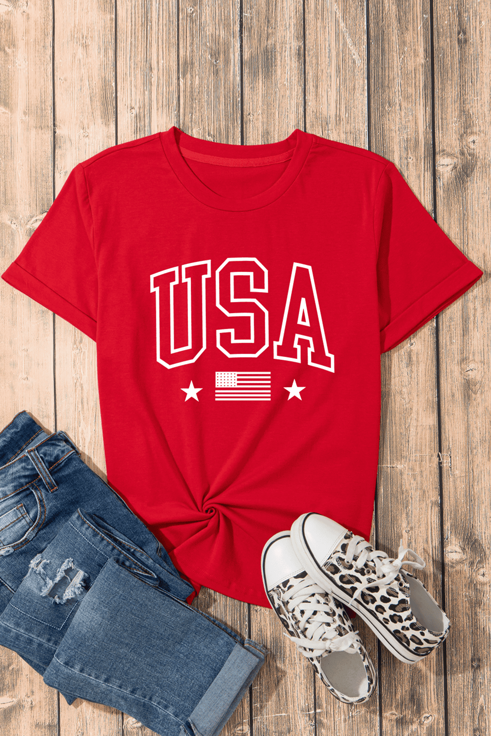 Red Usa American Flag Print Crewneck T Shirt