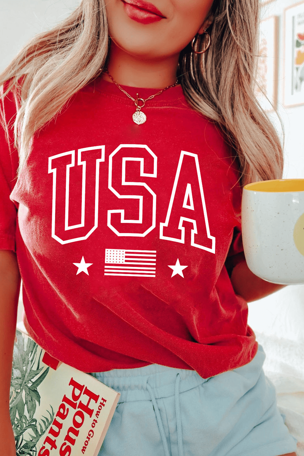 Red Usa American Flag Print Crewneck T Shirt