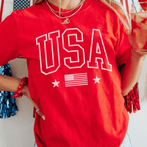 Red Usa American Flag Print Crewneck T Shirt