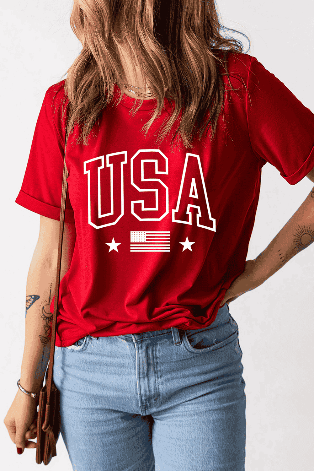 Red Usa American Flag Print Crewneck T Shirt