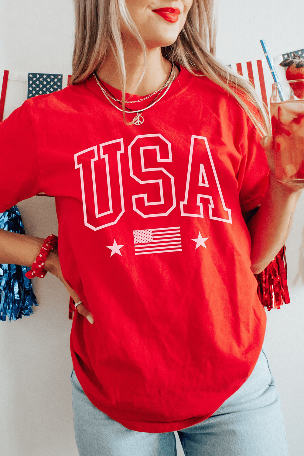 Red Usa American Flag Print Crewneck T Shirt