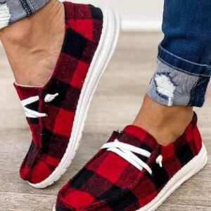 Red Vintage Plaid Lacing Decor Flat Shoes