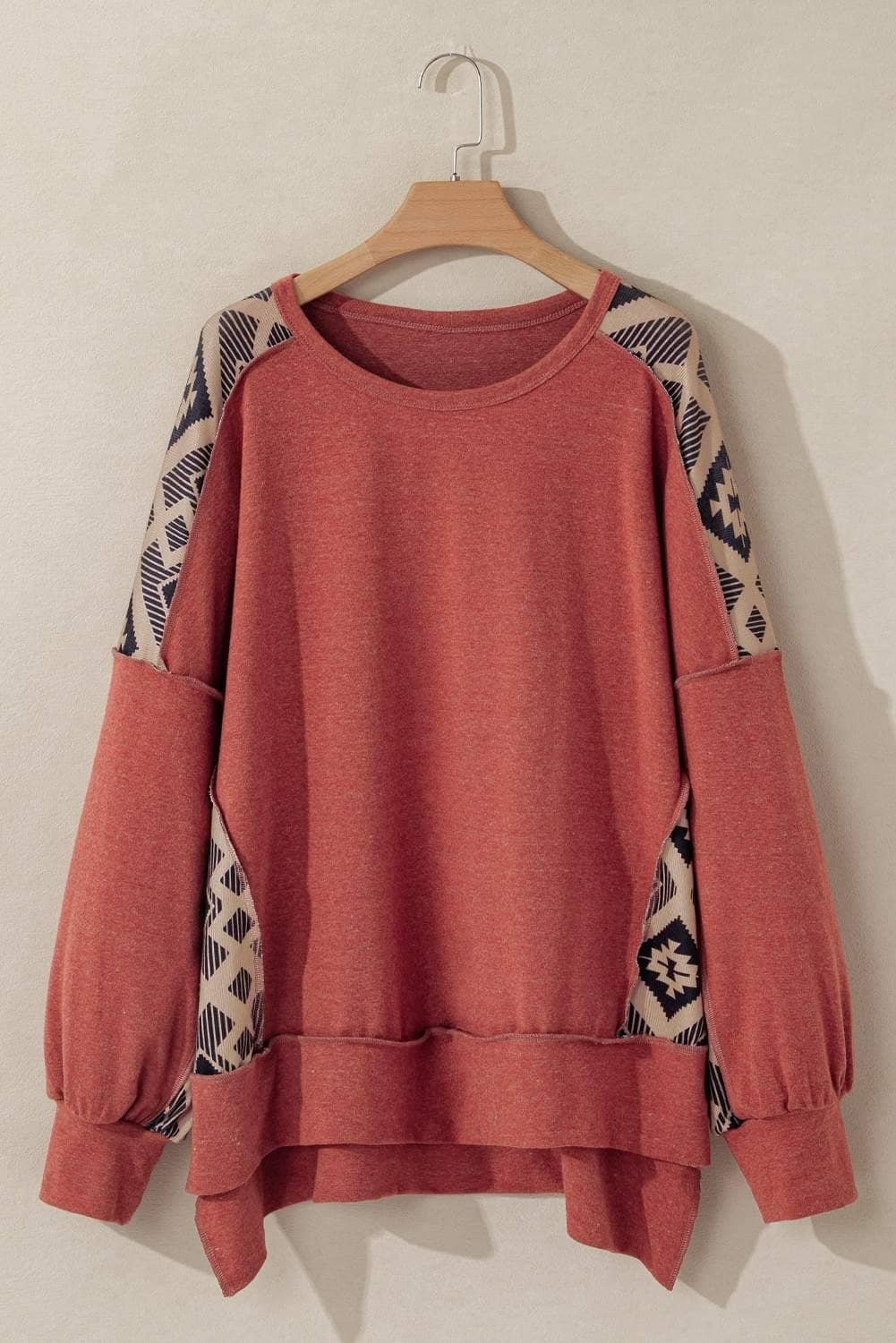 Redwood Burl Aztec Patchwork Drop Shoulder Plus Size High Low Sweatshirt