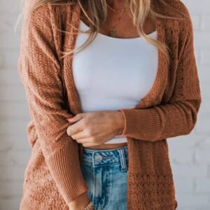 Redwood Burl Mix Pattern Hollowed Knit Open Front Cardigan