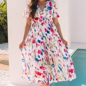 Rose Abstract Print Short Puff Sleeve Tiered Maxi Dress