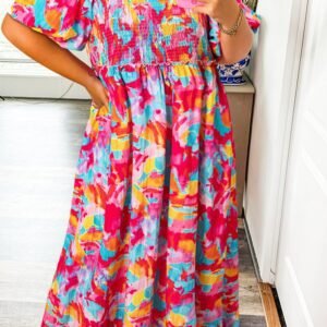 Rose Abstract Printed Puff Sleeve Square Neck Smocked Bust Tied Back Plus Size Dress