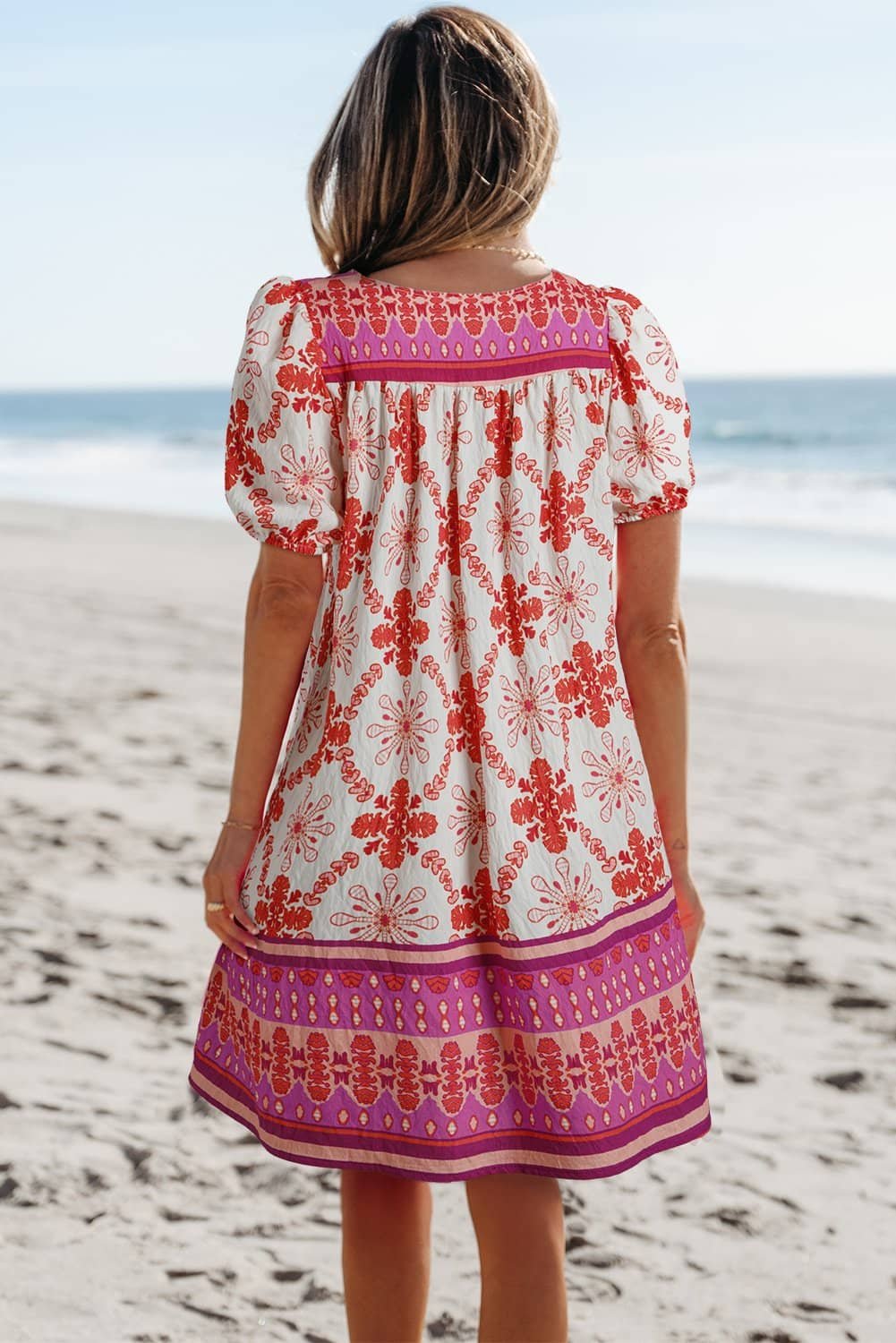 Rose Boho Floral Short Sleeve Lace-Up V Neck Mini Dress