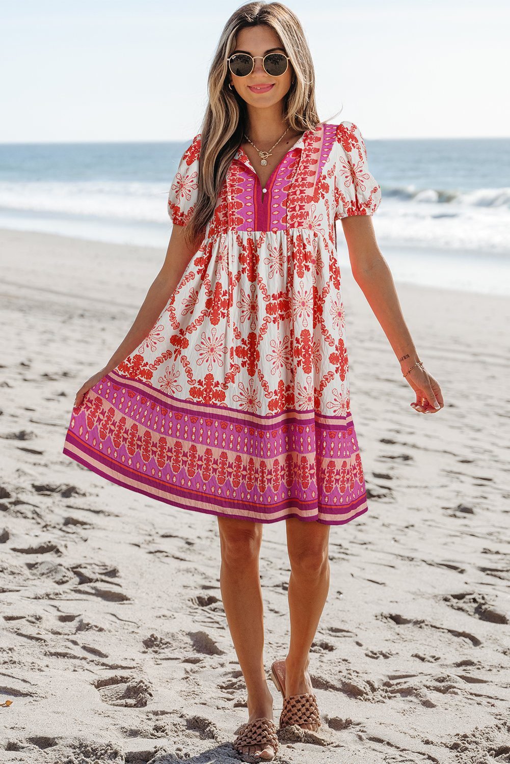 Rose Boho Floral Short Sleeve Lace-Up V Neck Mini Dress