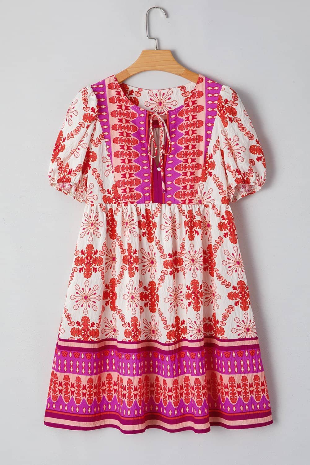 Rose Boho Floral Short Sleeve Lace-Up V Neck Mini Dress