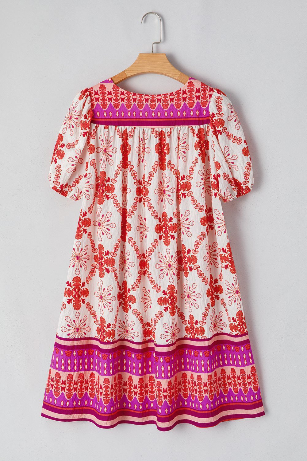 Rose Boho Floral Short Sleeve Lace-Up V Neck Mini Dress