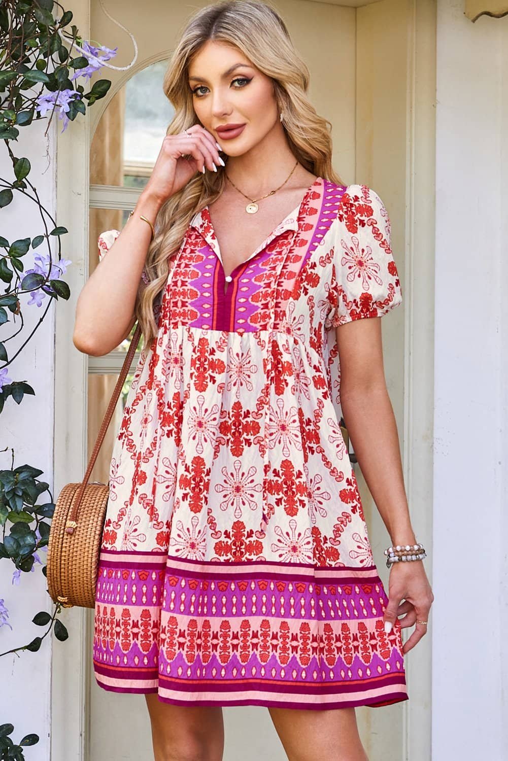 Rose Boho Floral Short Sleeve Lace-Up V Neck Mini Dress