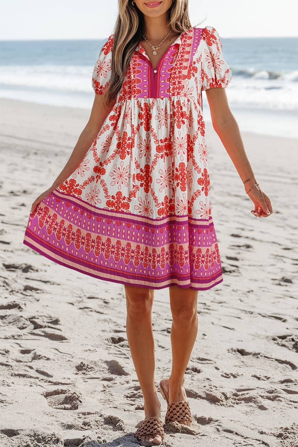 Rose Boho Floral Short Sleeve Lace-Up V Neck Mini Dress