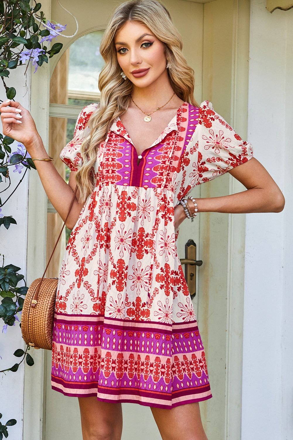 Rose Boho Floral Short Sleeve Lace-Up V Neck Mini Dress