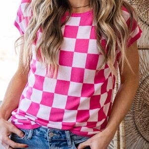 Rose Check Pattern Cap Sleeve Knitted Sweater