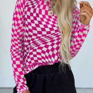 Rose Checkered Pattern Mesh Mock Neck Long Sleeve Top