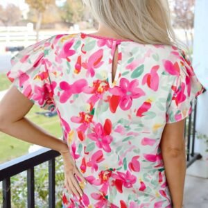 Rose Floral Print Flutter Sleeve Round Neck Casual Blouse