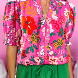 Rose Floral Printed Split V Neck Puff Sleeve Blouse