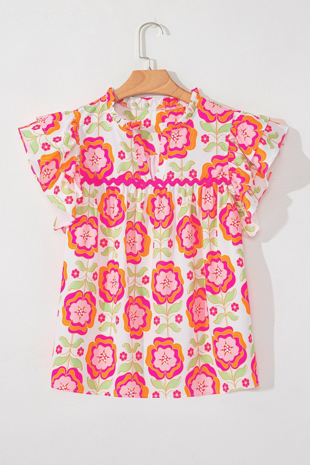 Rose Floral Ruffled Sleeve Ric-Rac Trim Split Neck Loose Blouse