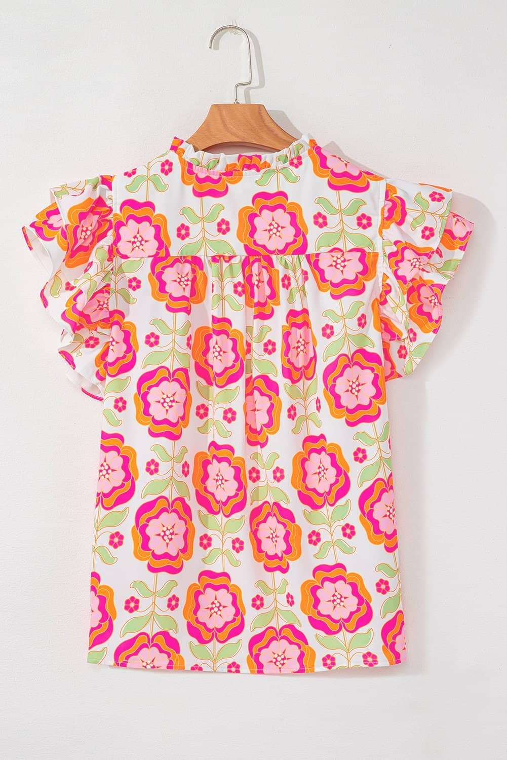 Rose Floral Ruffled Sleeve Ric-Rac Trim Split Neck Loose Blouse
