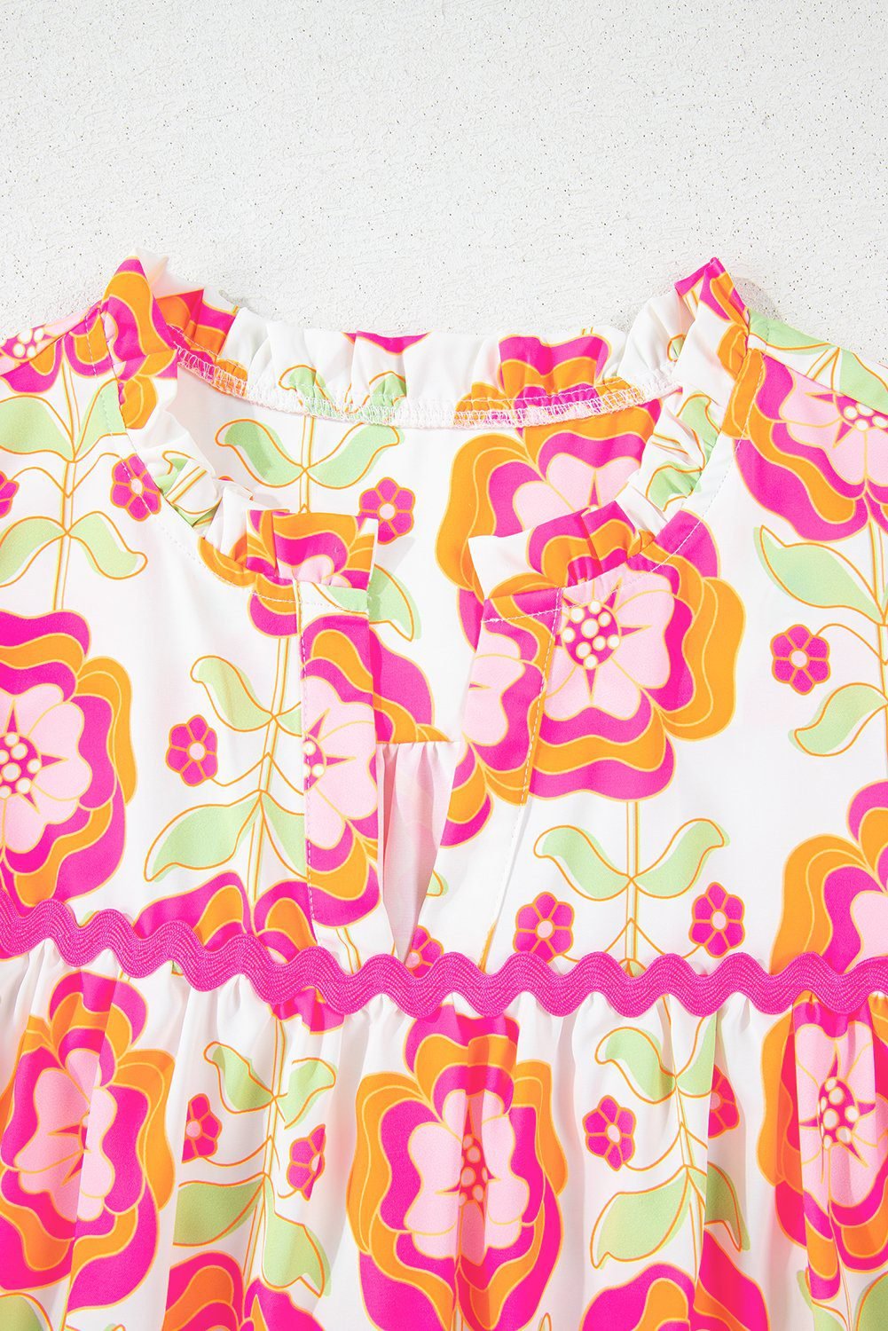Rose Floral Ruffled Sleeve Ric-Rac Trim Split Neck Loose Blouse