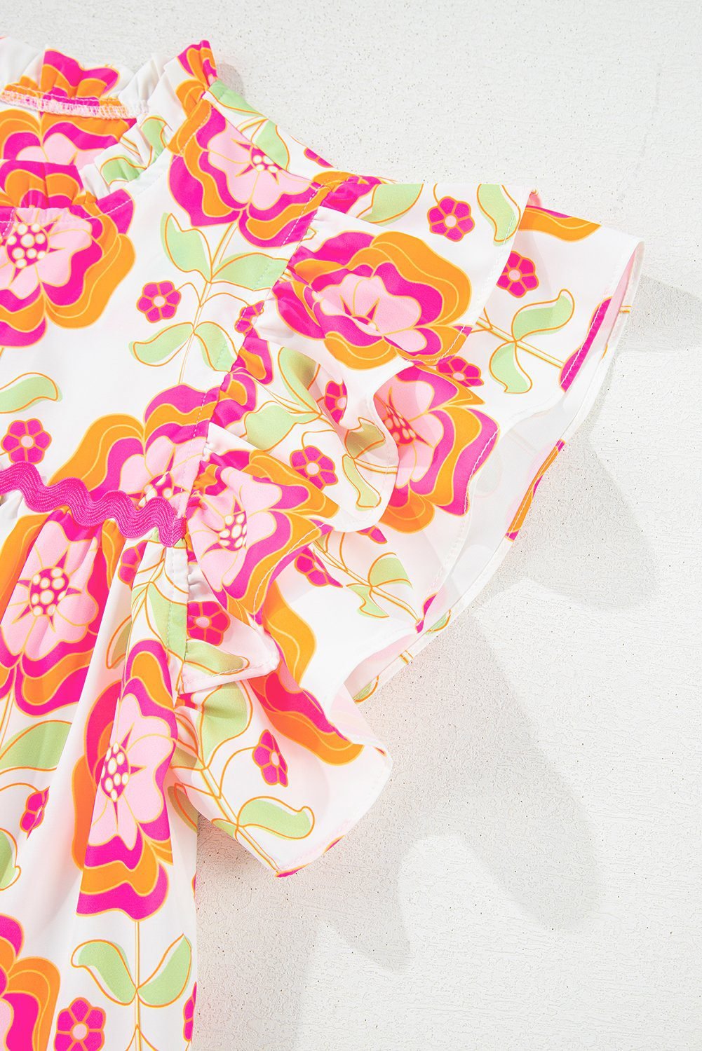 Rose Floral Ruffled Sleeve Ric-Rac Trim Split Neck Loose Blouse