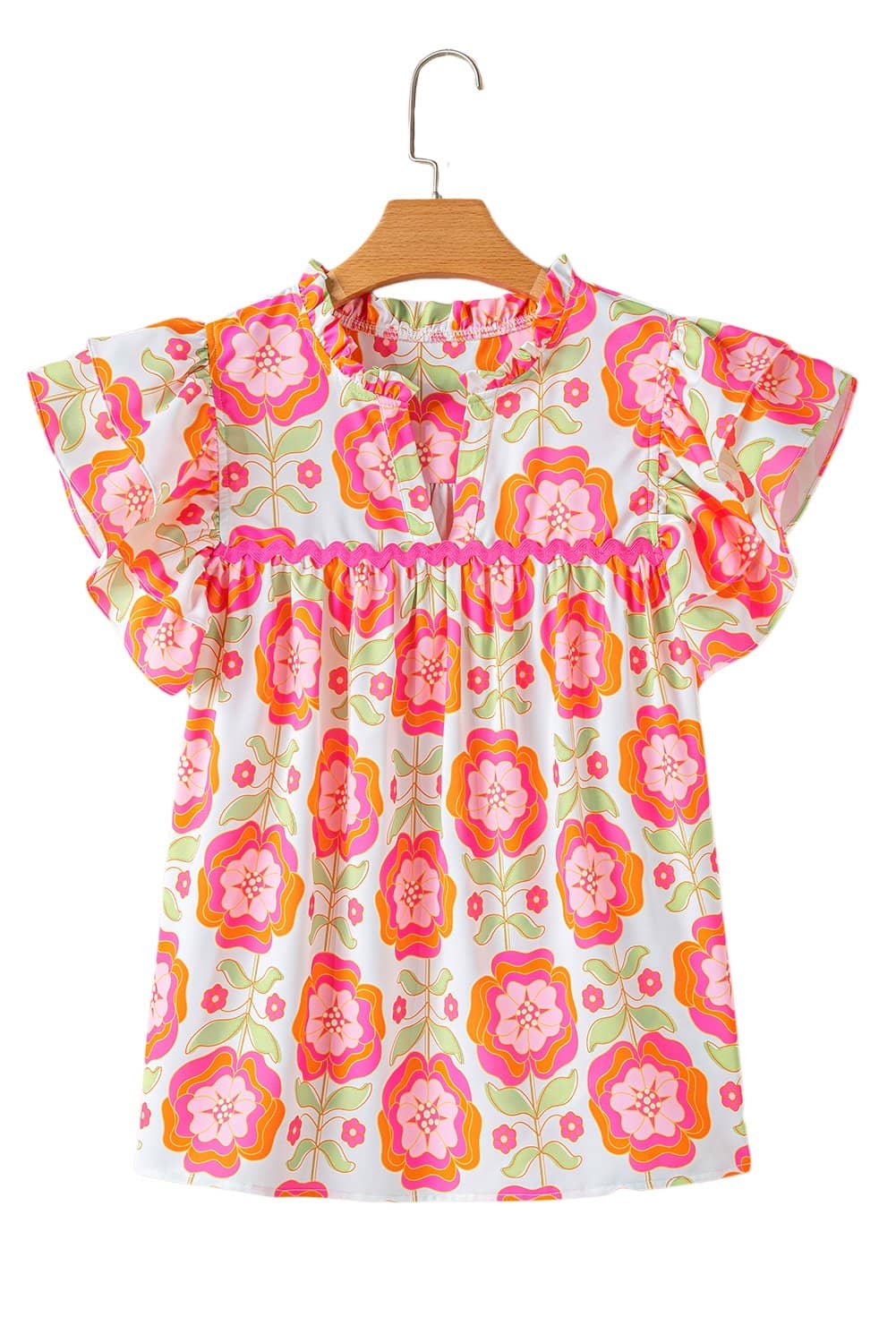 Rose Floral Ruffled Sleeve Ric-Rac Trim Split Neck Loose Blouse