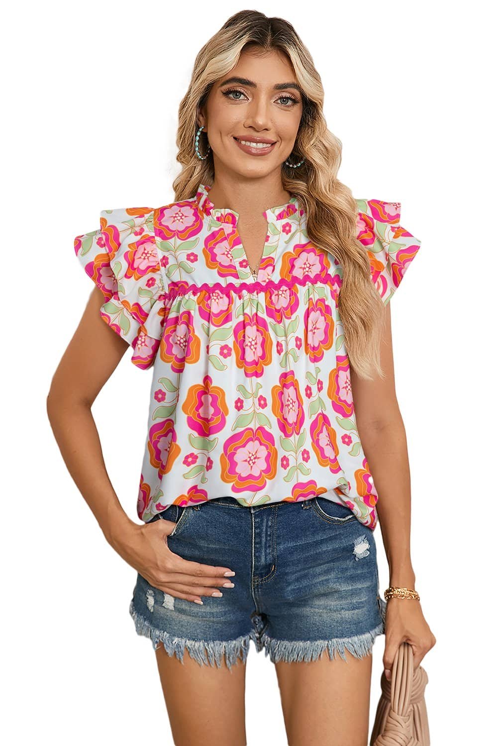 Rose Floral Ruffled Sleeve Ric-Rac Trim Split Neck Loose Blouse