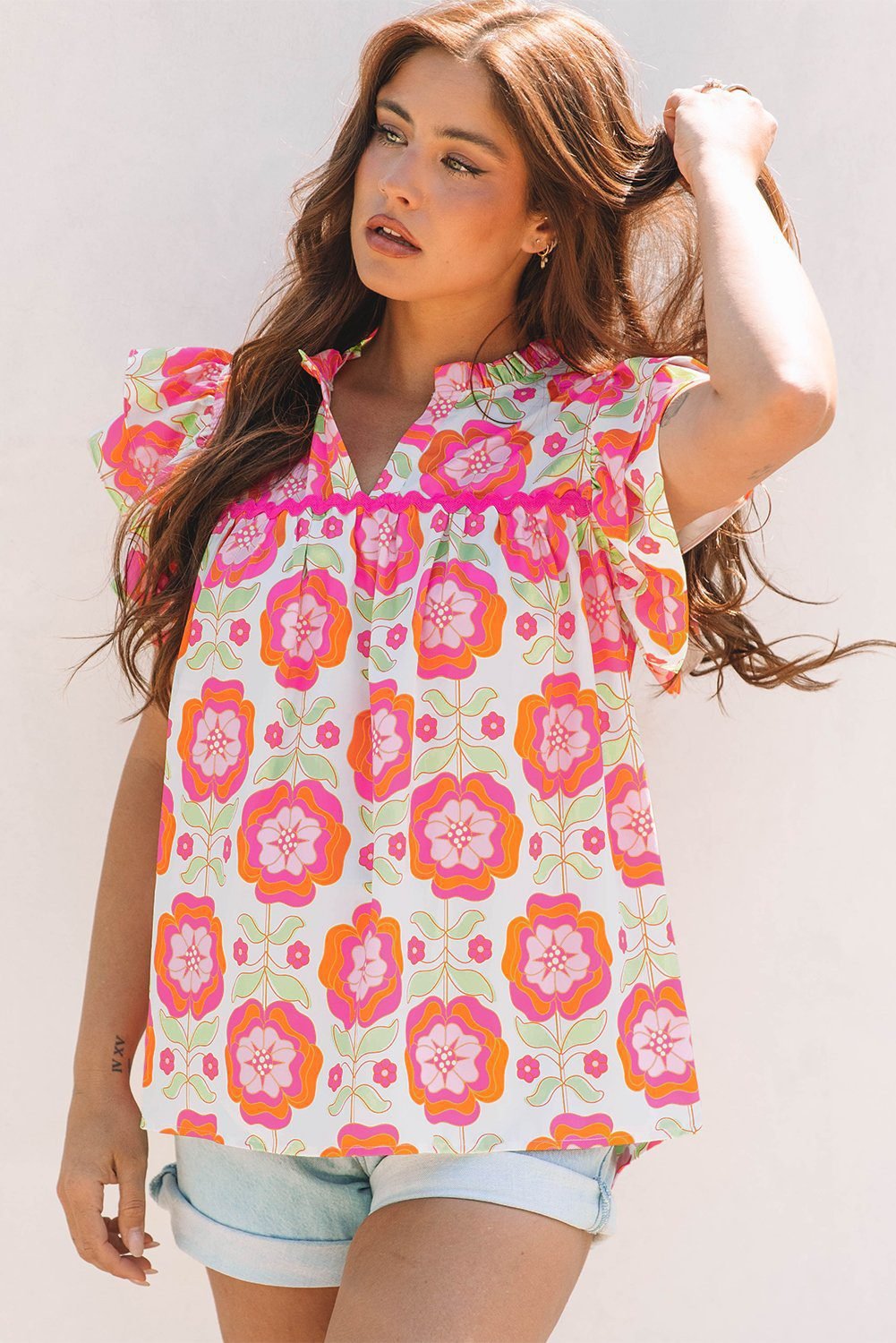 Rose Floral Ruffled Sleeve Ric-Rac Trim Split Neck Loose Blouse