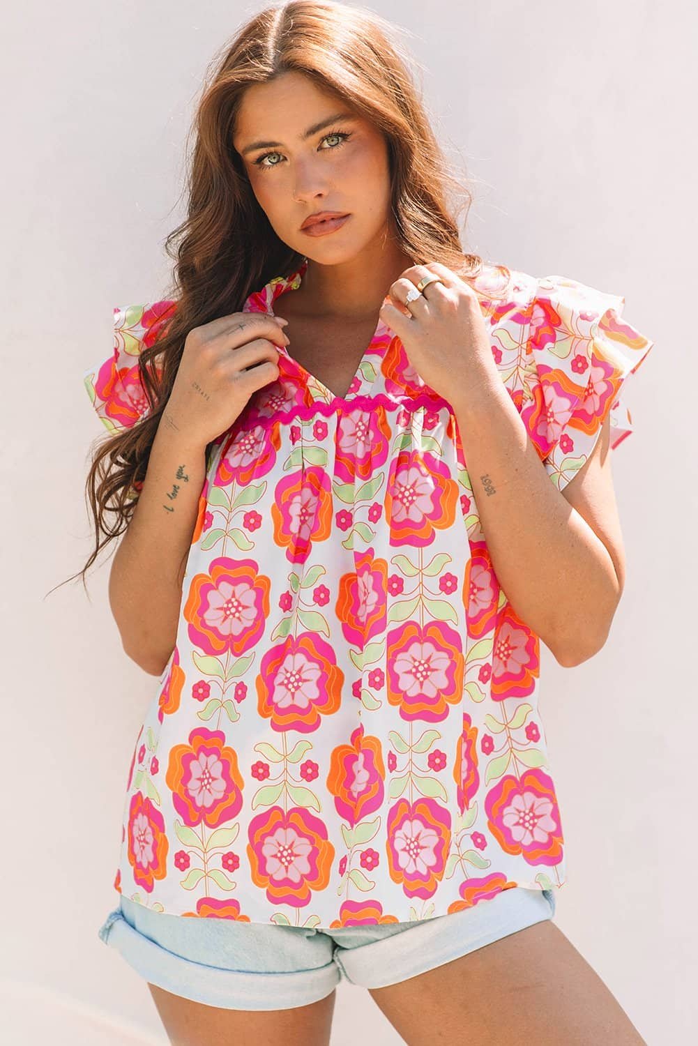 Rose Floral Ruffled Sleeve Ric-Rac Trim Split Neck Loose Blouse