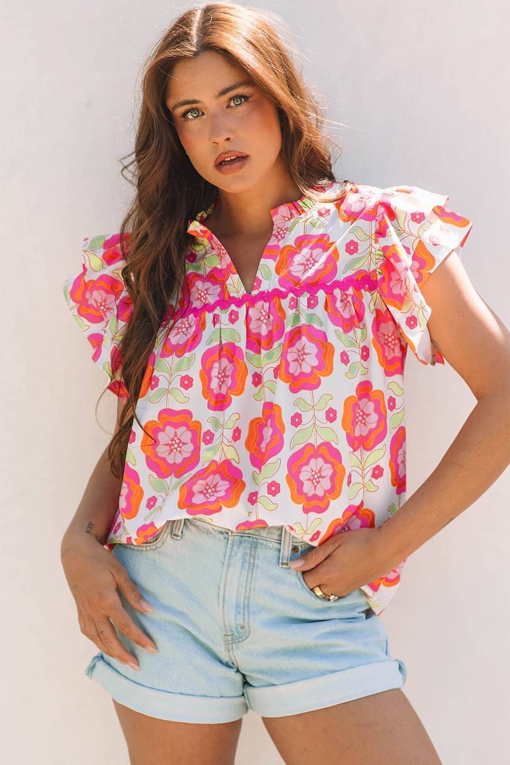 Rose Floral Ruffled Sleeve Ric-Rac Trim Split Neck Loose Blouse