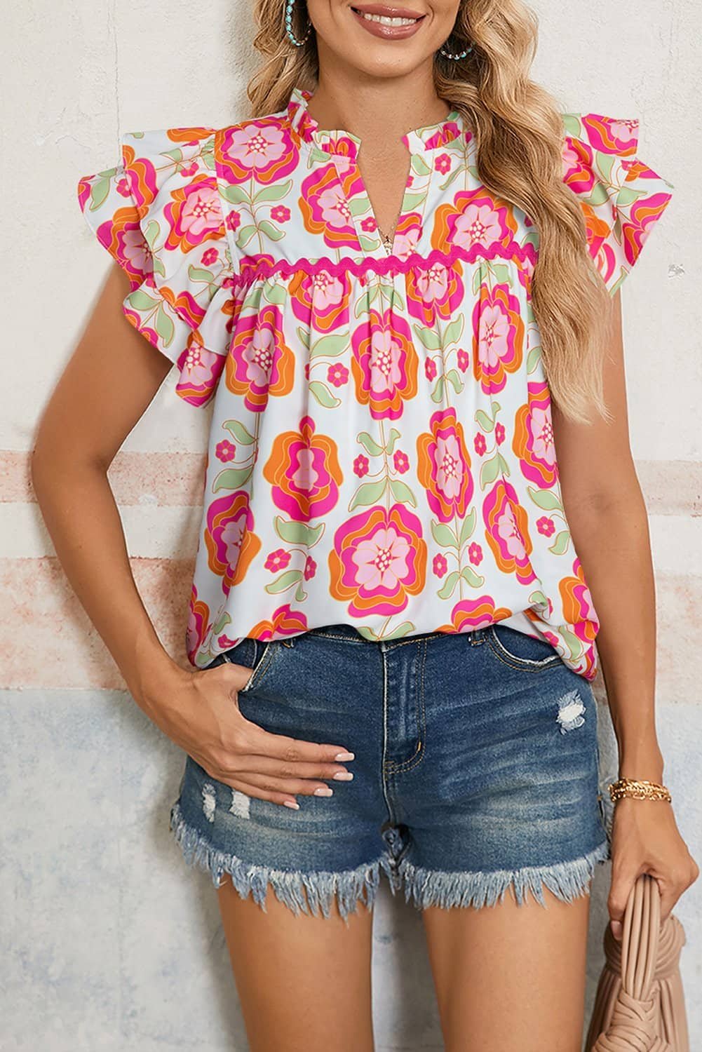 Rose Floral Ruffled Sleeve Ric-Rac Trim Split Neck Loose Blouse
