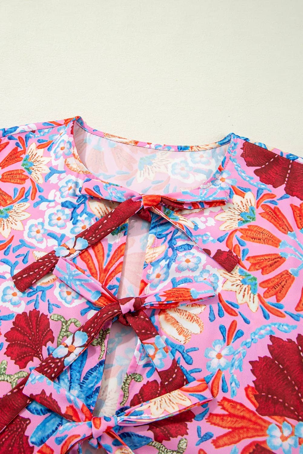 Rose Floral Tied Front High Waist Short Sleeve Loose Long Dress