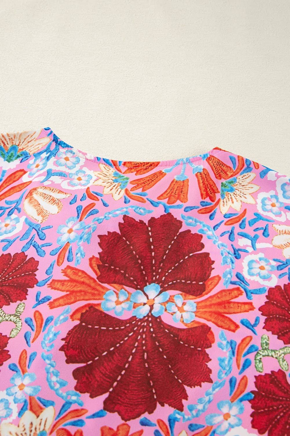 Rose Floral Tied Front High Waist Short Sleeve Loose Long Dress