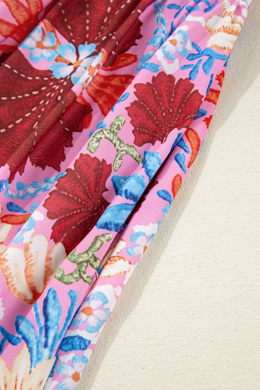 Rose Floral Tied Front High Waist Short Sleeve Loose Long Dress