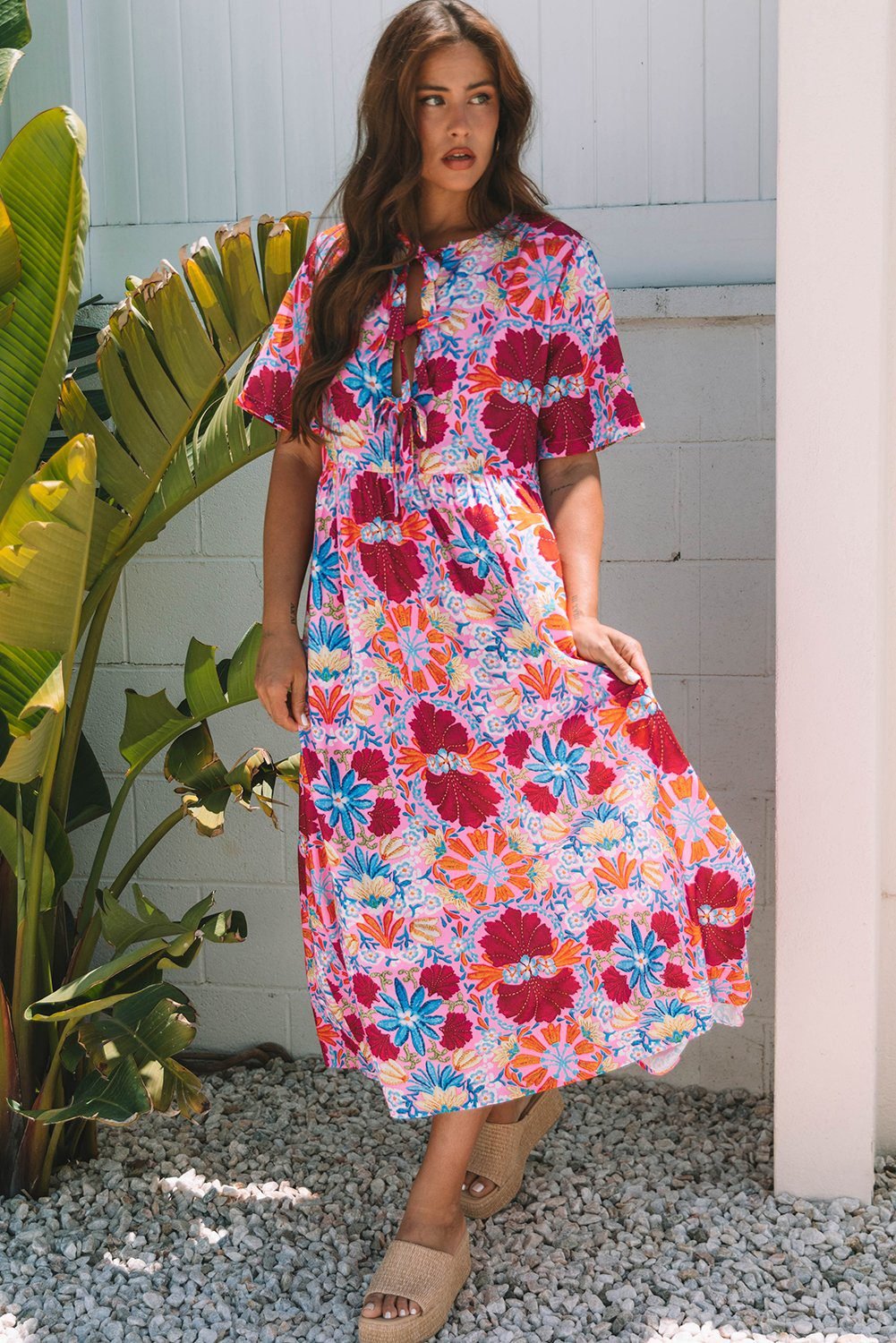 Rose Floral Tied Front High Waist Short Sleeve Loose Long Dress