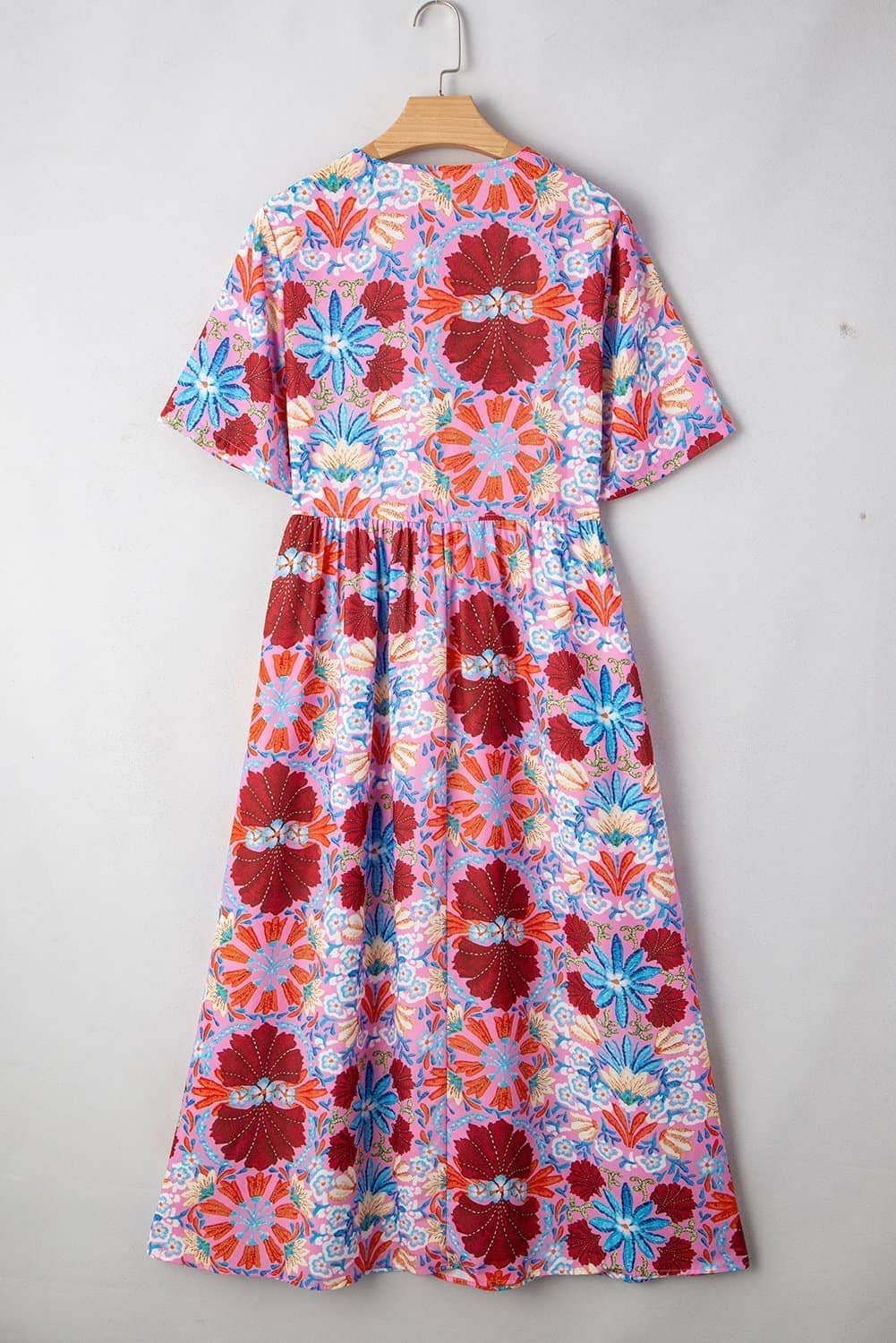 Rose Floral Tied Front High Waist Short Sleeve Loose Long Dress
