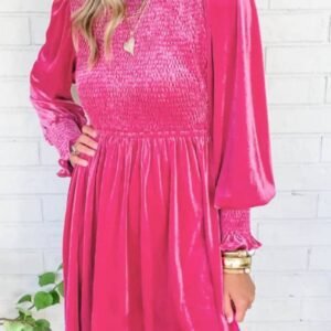 Rose Frilled Neck Smocked Bodice Velvet Dress