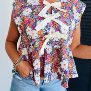 Rose Green Floral Print Bow Applique Slit Sleeveless Peplum Blouse