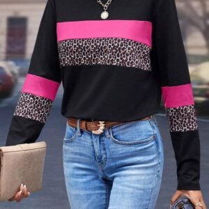Rose Leopard Colorblock Patchwork Crew Neck Long Sleeve Tee