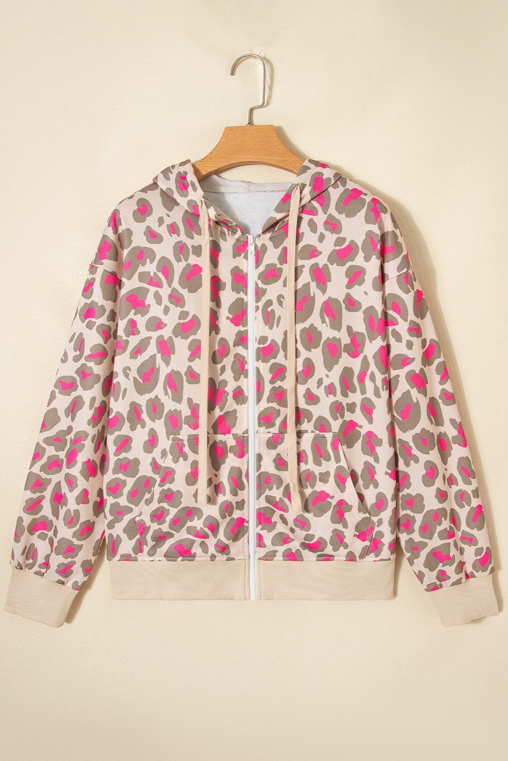 Rose Leopard Print Zip-Up Hooded Sweatshirt