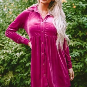 Rose Long Sleeve Ruffle Velvet Button Up Dress