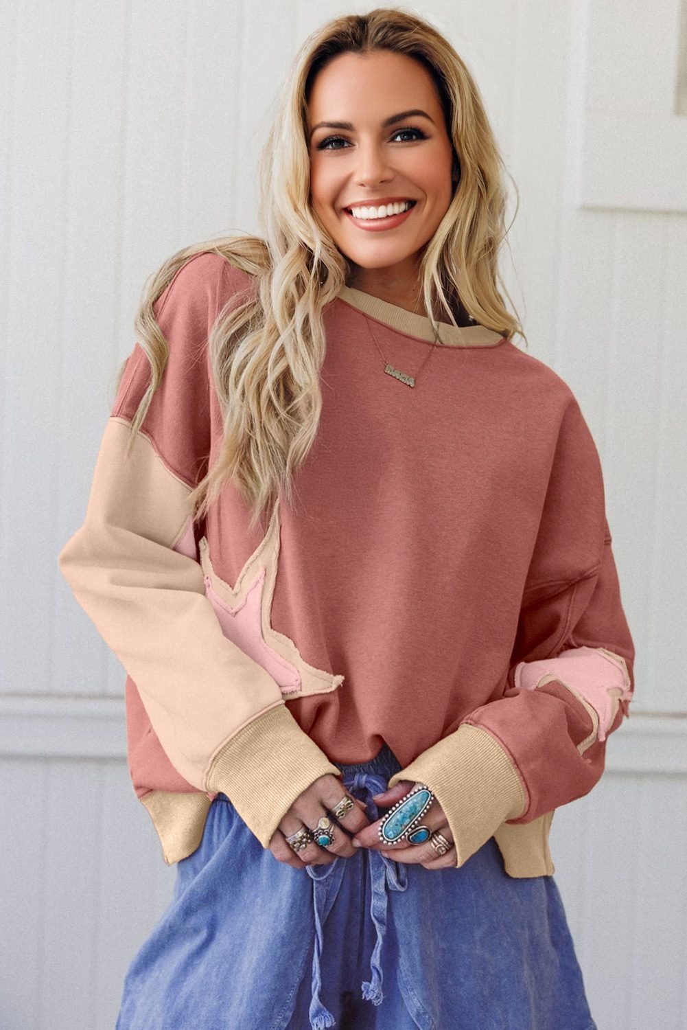 Rose Pink Contrast Star Patchwork Exposed Seam Uneven Hem Drop Shoulder Sweatshirt