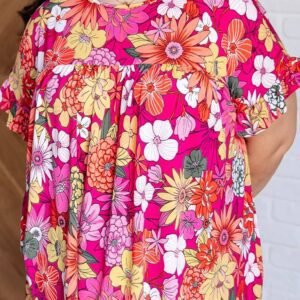 Rose Plus Size Floral Print Ruffle Short Sleeve Blouse