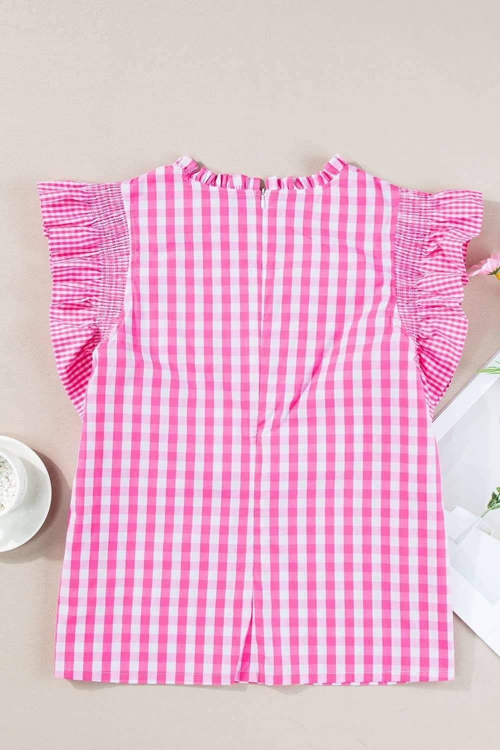 Rose Red Checkered Ruffled Sleeve Frilled Neck Blouse