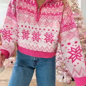 Rose Red Christmas Snowflake Quarter Zip Collard Sweater