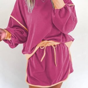 Rose Red Color Contrast Loose Pullover And Lace-Up Waist Skort Set