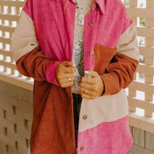 Rose Red Colorblock Curved Hem Corduroy Shacket With Pocket